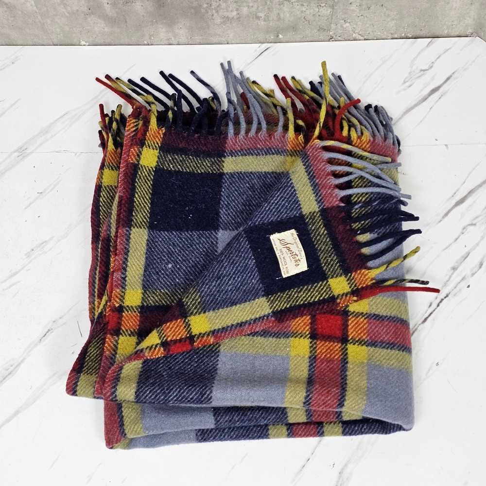 Vintage 60s Jayvee‎ Sportster Wool Blanket Plaid Throw Fringe Camp Cabin 54x58"